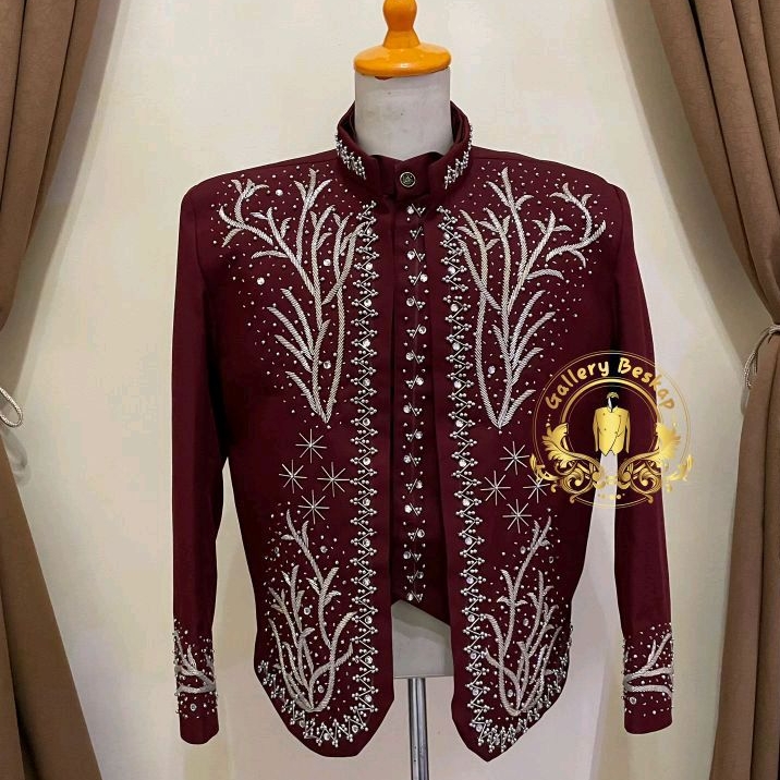 Beskap pengantin jawa premium semi wool matte warna maroon