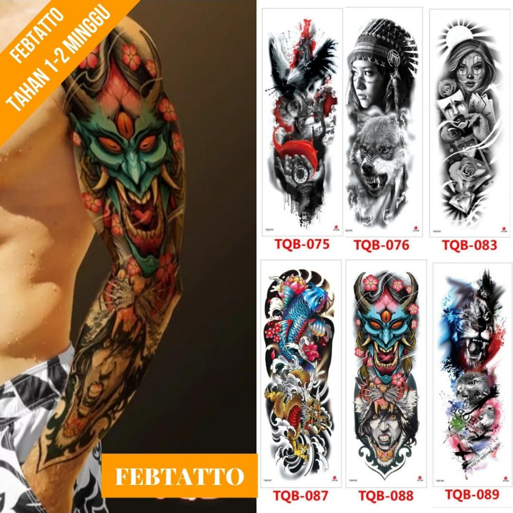 Tato Temporer Ukuran 17cmx48cm Motif Aesthetic Tatto Temporary Stiker Tato Halal Grosir Tato air motif burung garuda, perempuan serigala, perempuan poker, ikan, tengkotak, macan TQB 088