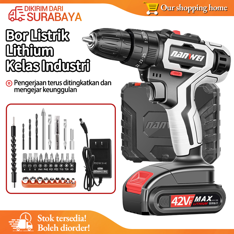 Bor cordless dengan isi ulang baterai lithium 42V/12V /Elektrik Drill/ bor listrik/beton besi kayu full set pilihan Bor tanpa kabel SURPABAYA