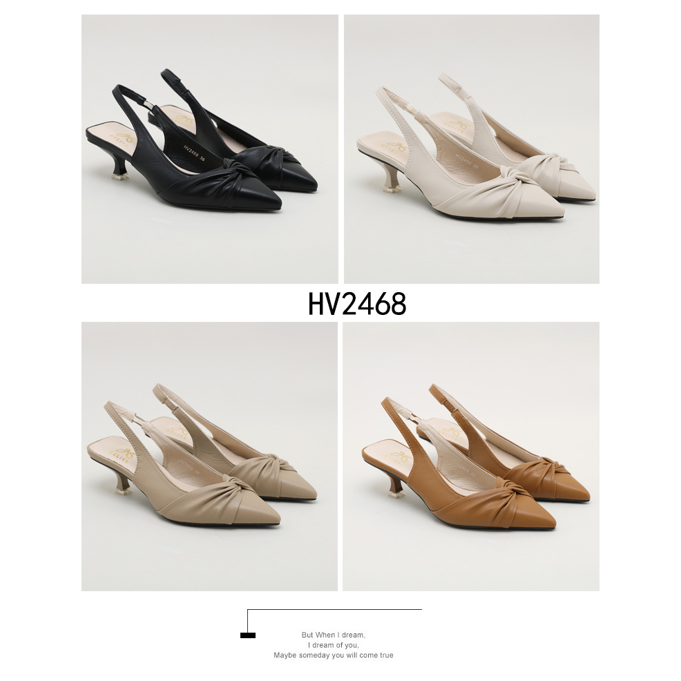 HELIVA HERMIA Sling Back Shoes Sepatu Lancip Bahan Kulit Polos Hak 5,5cm Pita Lipatan Depan Sepatu Kerja Kantoran Acara Formal HV2468 Original Brand