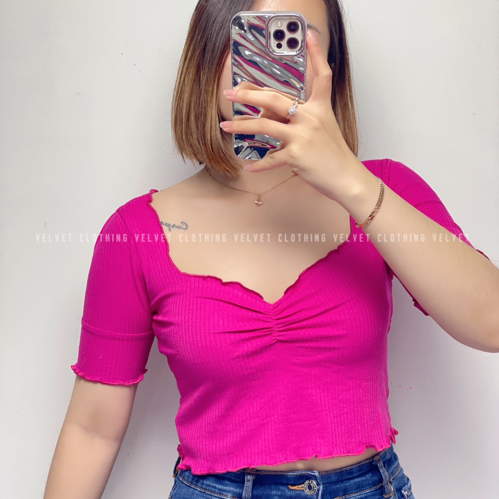 Crop Top Neci Squareneck Rib / Crop Top Polos Neci Wanita / Crop Lengan Pendek Knit Wanita 4166