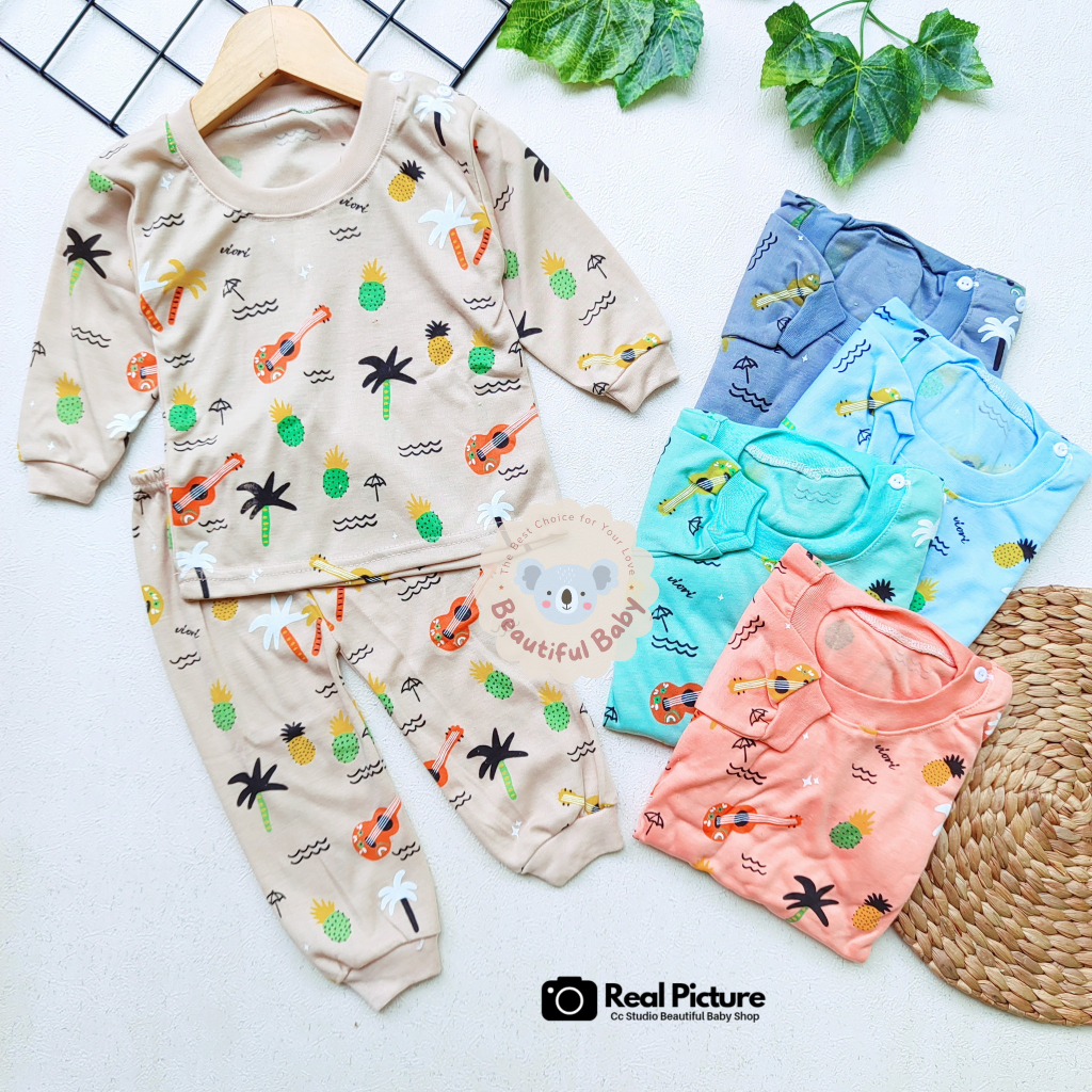 Setelan Piyama Baju Bayi Panjang Motif Gitar / Baju Tidur Bayi Lengan Panjang Celana Panjang / Kaos Oblong Bayi &amp; Anak Kancing Pundak / Baby.ou