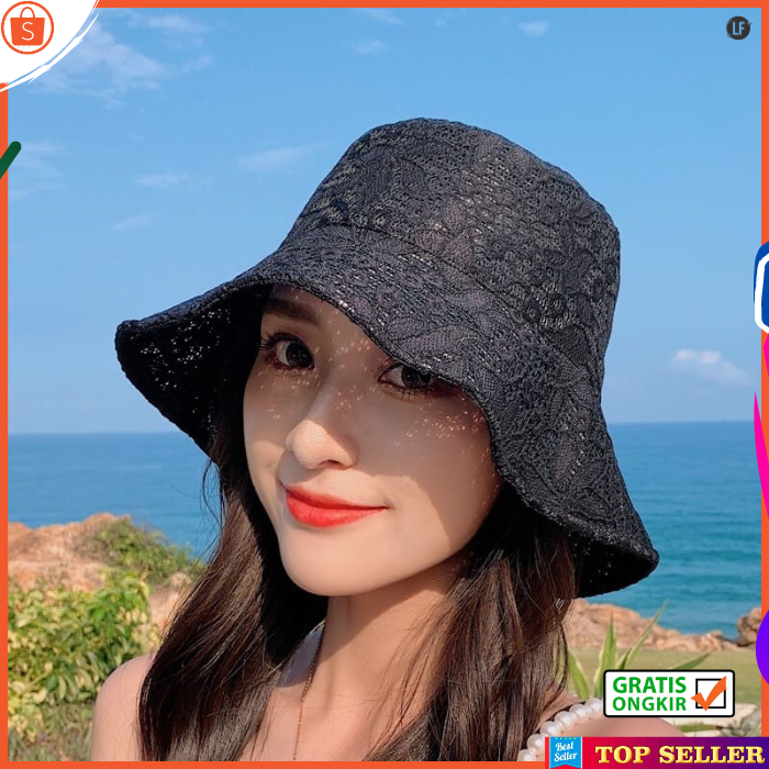 TOPI PANTAI WANITA DEWASA KOREA BUCKET HITAM BUNGA LEBAR CAP CEWEK MODEL TERBARU PELINDUNG MUSIM PANAS W21