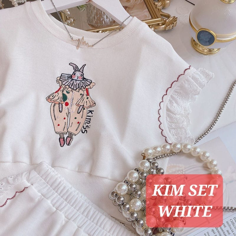 KIM SET BAJU SETELAN PUTIH ANAK CEWEK MODEL KOREA JEPANG RENDA FASHION CASUAL SANTAI