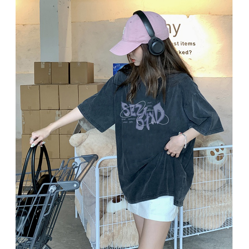 Kaos Vintage Hitam Atasan Wanita Lengan Pendek Oversize Printed T-shirt Baju Wanita Kekinian Korean Style/kaos pendek jumbo