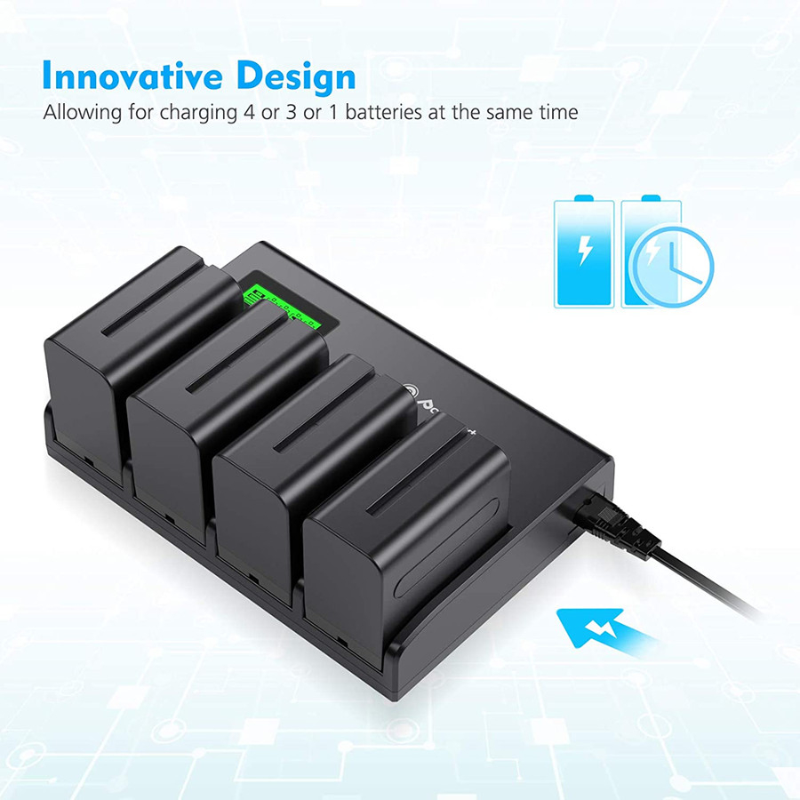 POWEREXTRA Battery Sony NP-F970 4-Pack with 4-Slot Smart Charger