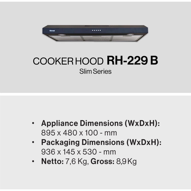 [ Rinnai ] Cooker hood / Penghisap Asap Dapur Rinnai 229B / 229SS - 90 CM ( FREE BUBBLE WRAP! )