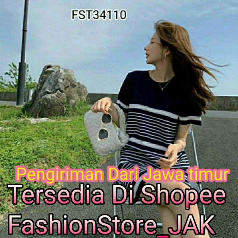 IMPORT Lollie Stripes Casual Knit Dress FST34110/ Simple Korean Classic Short Dress lengan Pendek Lo