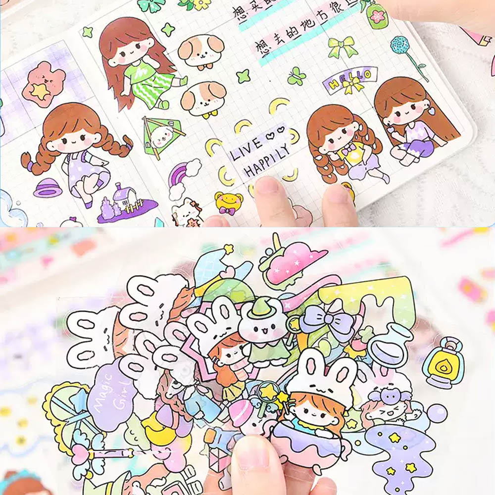 Stiker Kartun Aesthetic Lucu Transparant  100 Lembar Stiker Motif Kartun Korea Box PVC Anti Air Sticker Decorasi  RANDOM