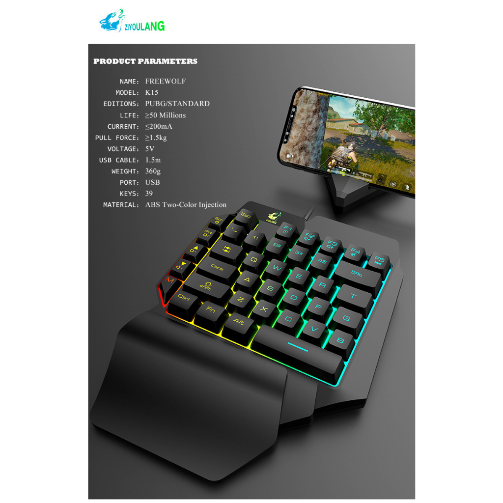 Free Wolf K15 One Handed Gaming Keyboard / Half Gaming Keyboard RGB