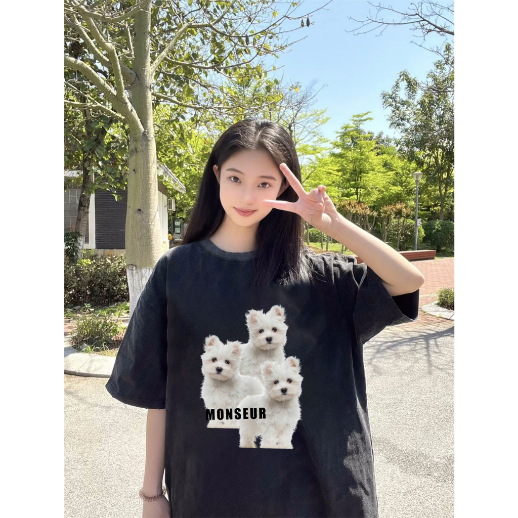 EUNII T-shirt Lengan Pendek Black Washed Cute Dog Family Printing Korean Style/Kaos Atasan Wanita/Baju Wanita/Kaos Wanita