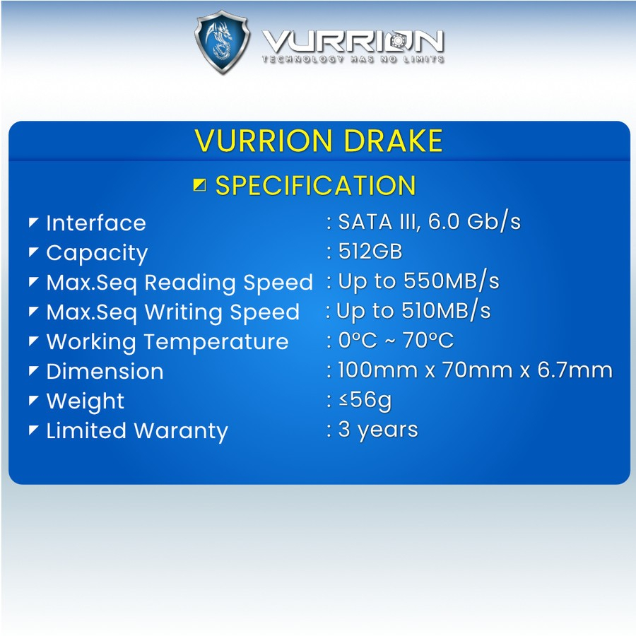 SSD SATA / SSD VURRION - VURRION 2,5'' SATA DRAKE SATA 512GB