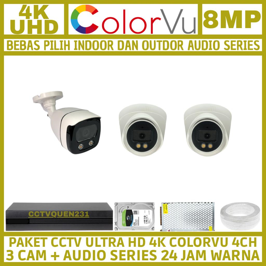 PAKET CCTV COLORVU 8MP 4 CHANNEL 3 KAMERA ULTRA HD 4K CAMERA AUDIO SERIES