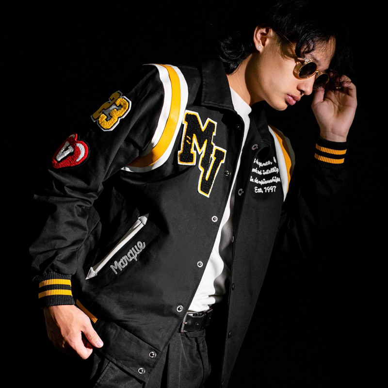 MARQUE x VRONT Collaboration Varsity Jacket - Dengan Details Towel Embroidery Bordir Handuk, Warna Hitam Black, untuk Pria &amp; Wanita