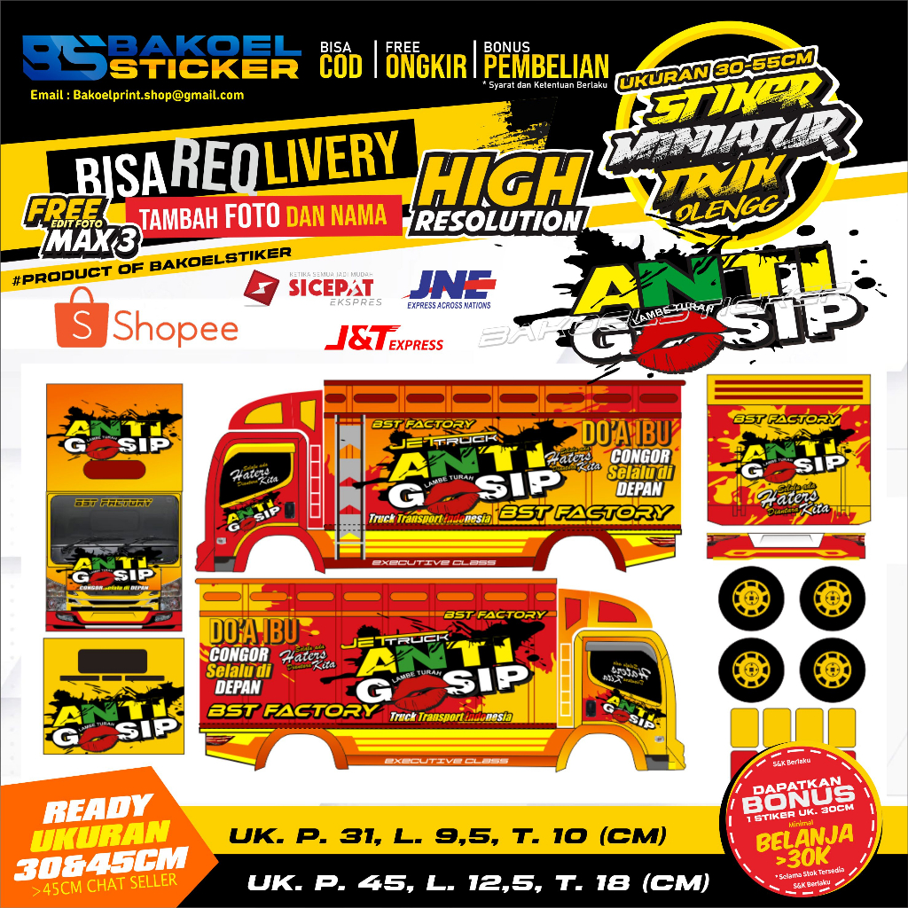 STIKER MINIATUR TRUK OLENG MOTIF "ANTI GOSIP" UK. 30/45CM