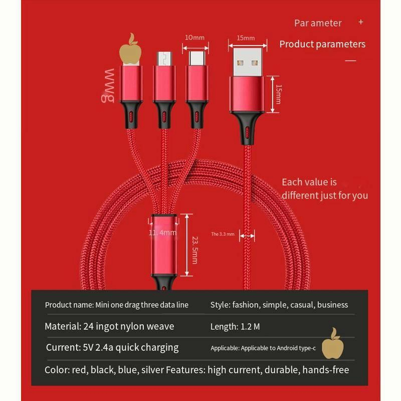 (COD) 120w 6A Phone cable is suitable for Apple one with three data cables Type-c three-in-one charging double-head fast