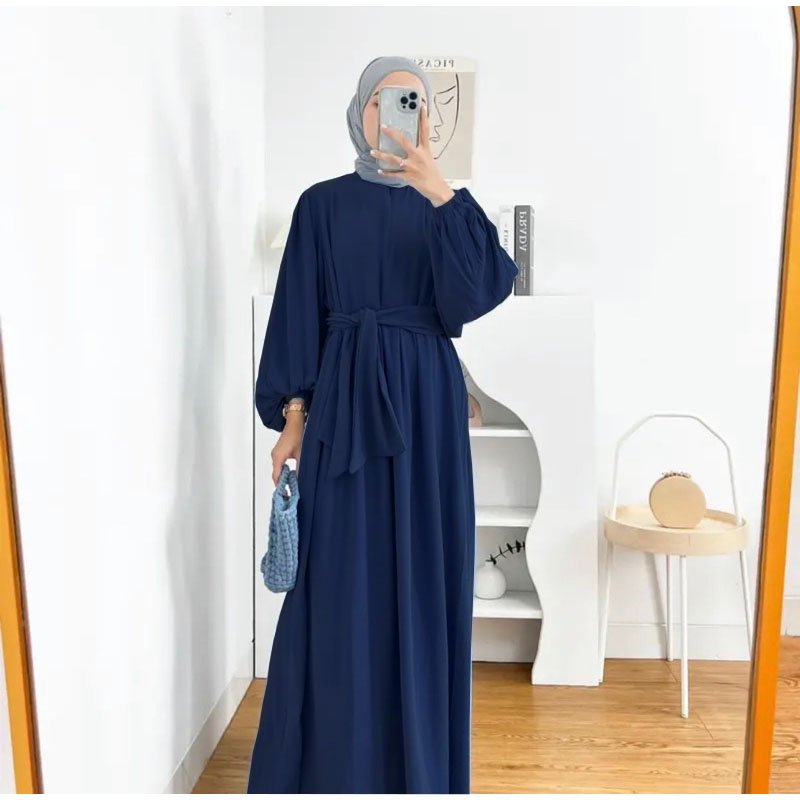 Revalisha Dress Busui Wanita Terbaru Aksen Tali Pinggang Tangan Balon Dres Remaja Muslim Bahan Polo Linen Premium Import Korean Style Jumbo Baju Lebaran Wanita Muslimah Motif Polos Kekinian Terbaru 2023