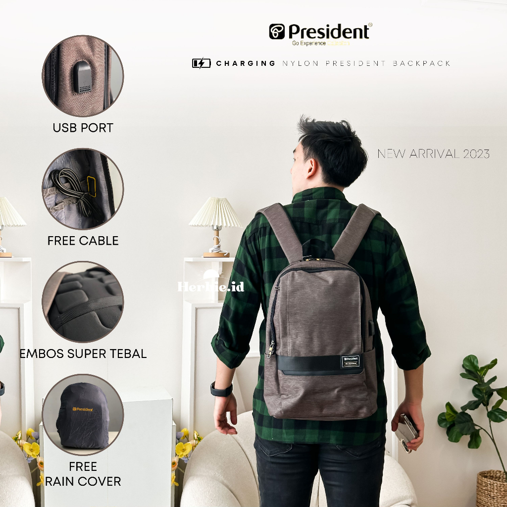 TAS RANSEL LAPTOP PRESIDENT 100% ORGINAL FREE RAINCOVER IMPORT QUALITY BAHAN MICRO NILON PREMIUM UNI