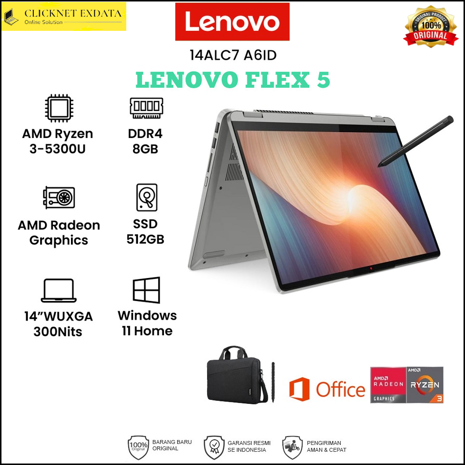 LENOVO FLEX 5 Ryzen 3-5300U 8GB 512GB SSD WUXGA TS W11 OHS - 14ALC7 A6ID