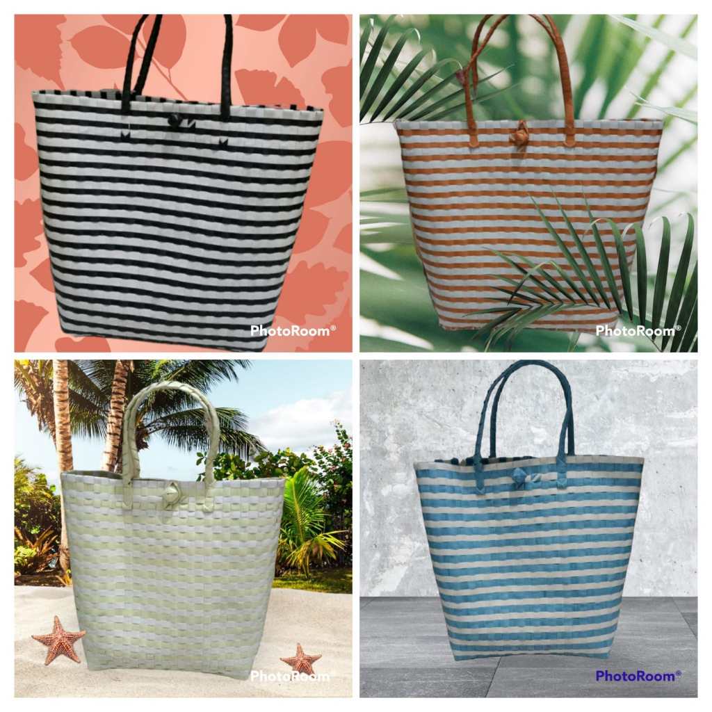 tas anyaman bahan plastik tebal motif garis2 berbagai warna pilihan bahan premium ukuran besar