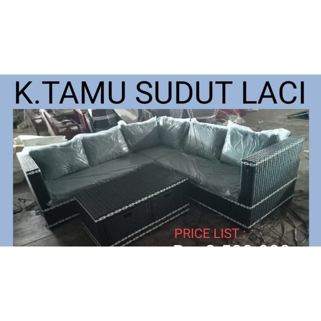 Sofa Minimalis / Kursi Tamu Sudut Laci Rotan Sintetis