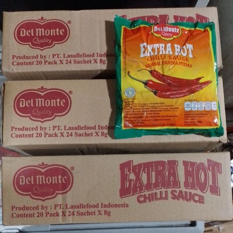

Delmonte Sambal Extra pedas Sachet 1 karton isi 20 pack x 24 sachet x 8 gr