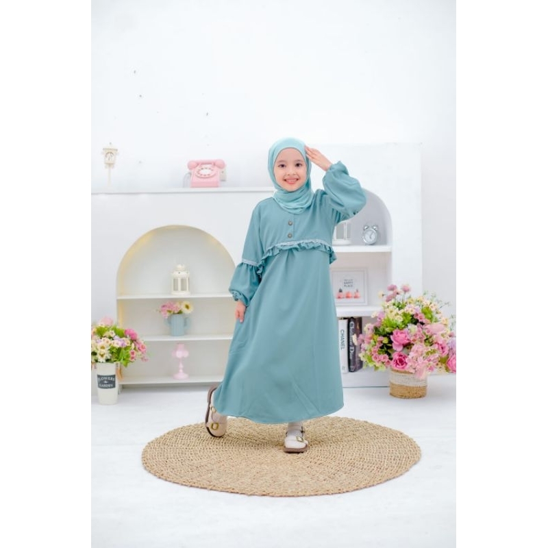 Zaja - Baju Gamis Anak Perempuan 4-12 Tahun Matt Ayara Cros Kombinasi Renda Cantik &amp; Saku Depan Yang Cantik Busana Muslim Anak-anak Kintani Series Tangan Karet &amp; Bahan Lembut