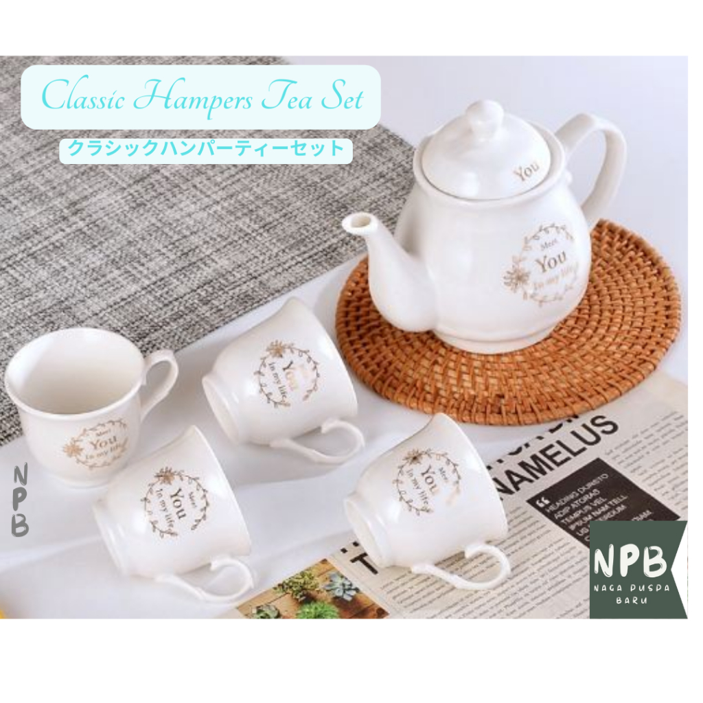 Set Hampers 1 Teko 4 Cangkir Keramik Putih - Classic Hampers Tea Set