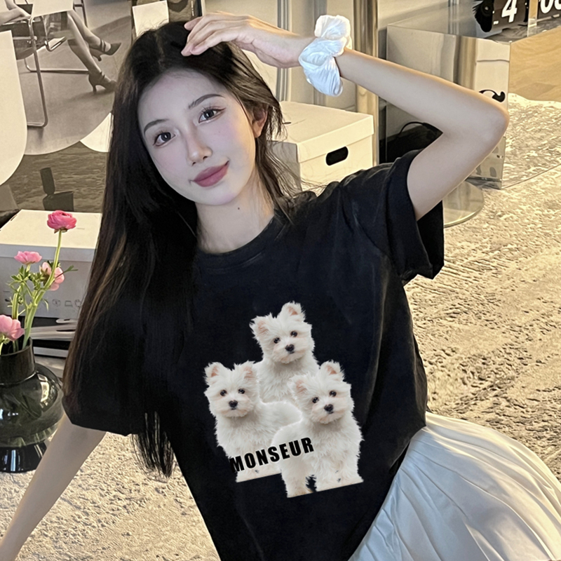 Print Washed T-shirt Kaos Lengan Pendek Oversize Cartoon Family Dog Women Korean Style Atasan Wanita