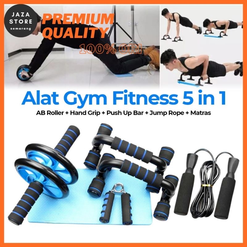 SET Lengkap Alat Gym Fitness 5 in 1 Handgrip Roller Push Up Matras Skipping Rope Lompat Tali Workout