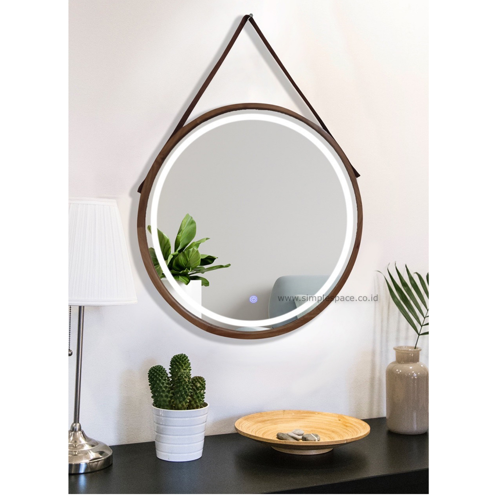 Cermin LED Touchscreen | Cermin LED Strap Kulit Diameter 60cm | Frame Kayu | Kaca Cermin LED | Mirro