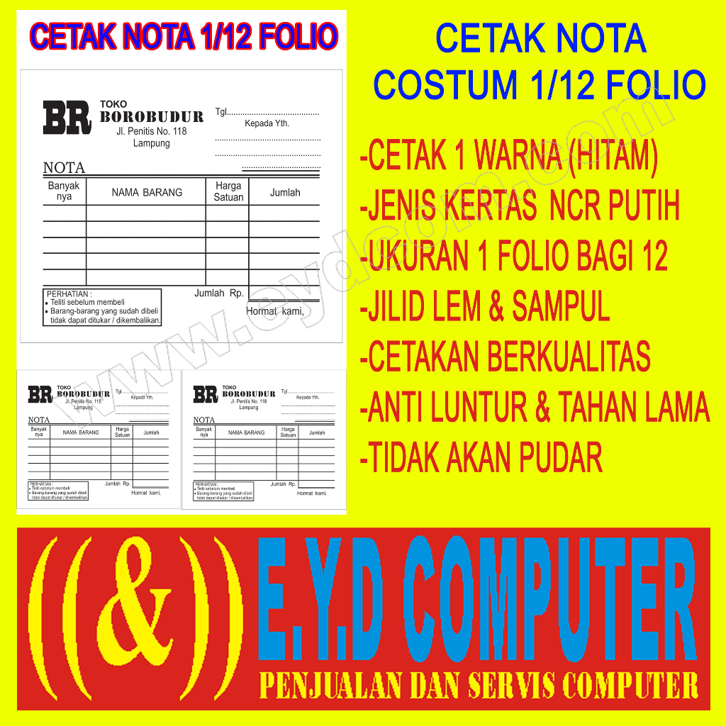 

CETAK NOTA 1 PLY 1 FOLIO BAGI 12 KERTAS NCR COSTUM ISI TANPA RANGKAP CEK BON KWITANSI SURAT JALAN