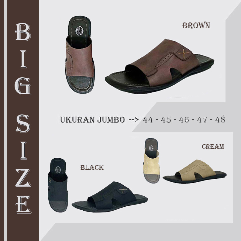 Sandal Slide Pria Kulit Asli (Ukuran Besar Jumbo) Sendal Selop Bapak2 Opa Big Size 44 45 46 47 48