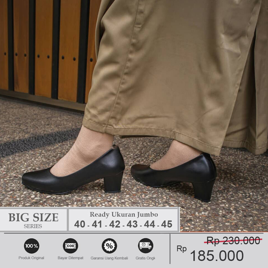 Pantofel Heels Big Size 40-45 Sepatu Wanita Kerja Kantor Pesta - Heel 5 cm Kulit Hitam Ukuran Besar Kaki Jumbo