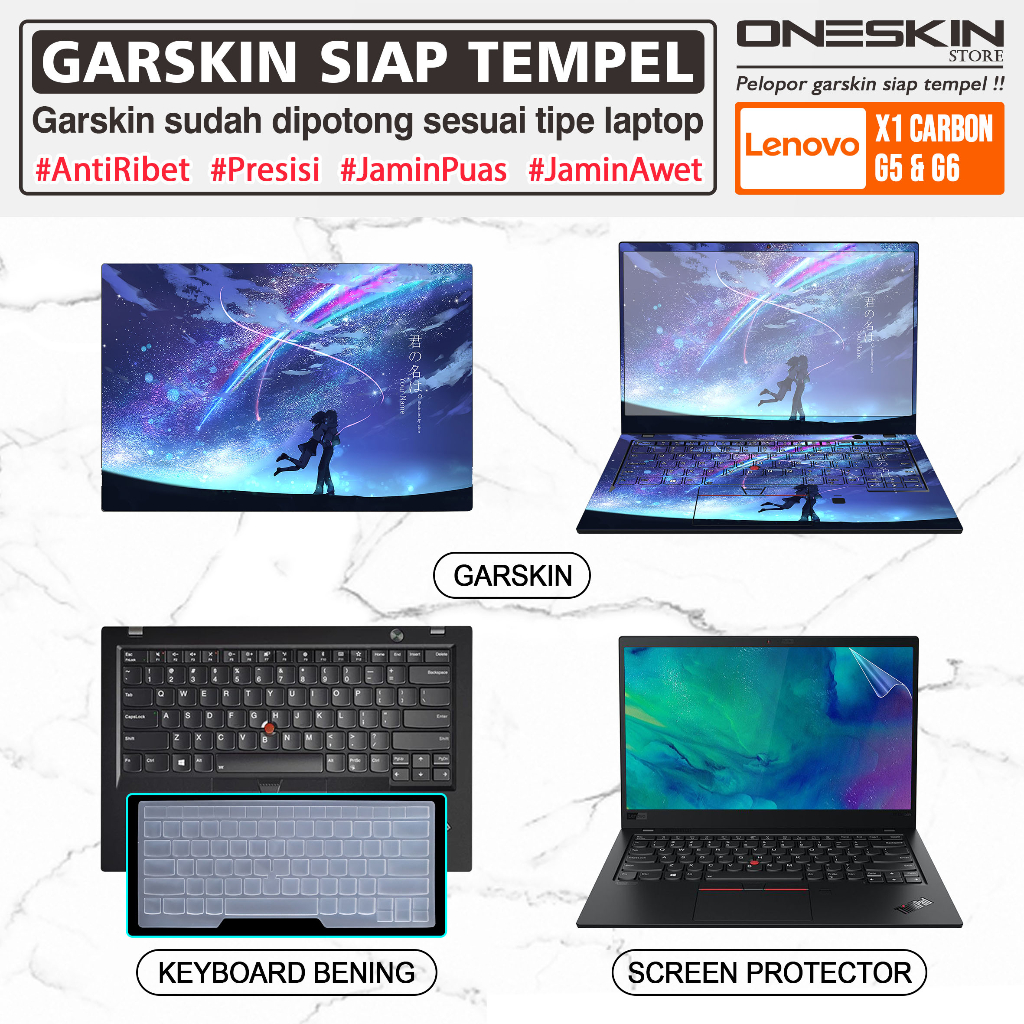 Garskin Stiker Laptop Pelindung Keyboard Screen Protector Lenovo ThinkPad X1 Carbon Gen 4 5 6 Gambar Full Body Silikon Bening Glossy Doff