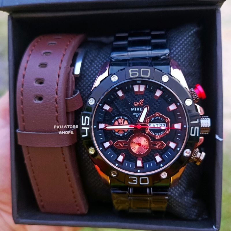 MIRETE EDITION Jam Tangan Pria Original Tahan Air Dua Tali Tanggal Dan Hari Aktif Full Stainless Steel Free Box | Mewah Elegan Sporty Olahraga Analog Import Berkualitas Murah Dijamin Sesuai Foto Realpict