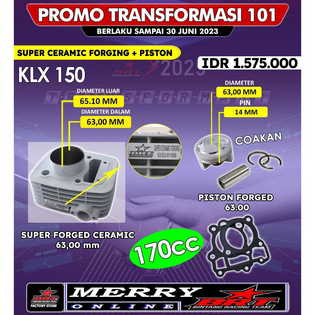 Promo 101 107 113 BRT Bore Up Trabas KLX 140 150 BF D-Tracker Blok Ceramic 63mm 66mm 68mm Piston Coak