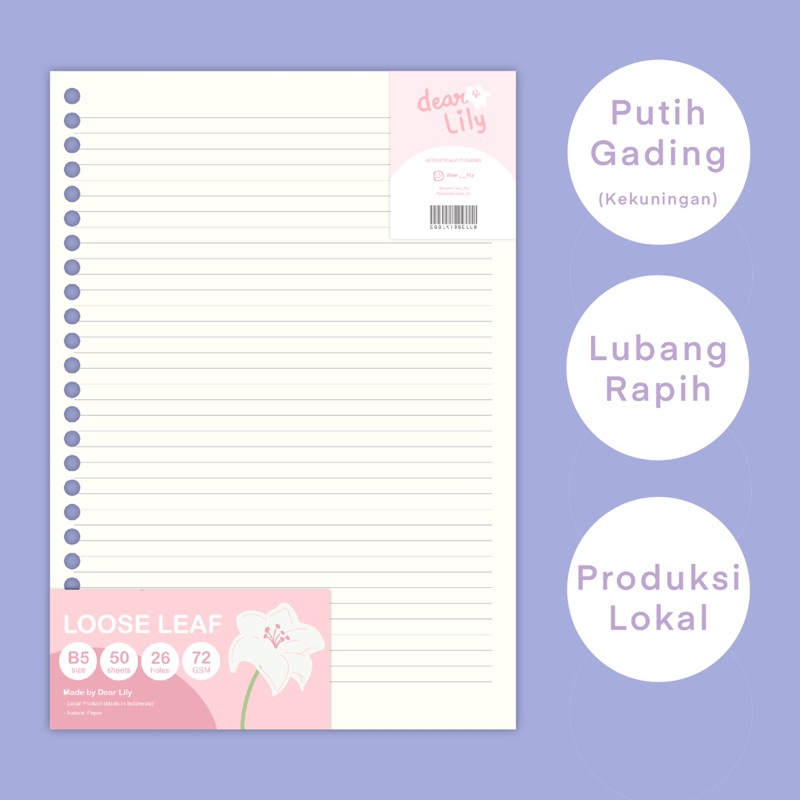 

B5 Loose Leaf (Isi 50 lembar) - Isi Kertas B5 Binder 26 Lubang Warna Putih Garding / Cream / Coksu Motis Garis / Polos / Grid / Kotak-Kotak / Titik-Titik / Dot - Natural Paper - Kertas Vintage