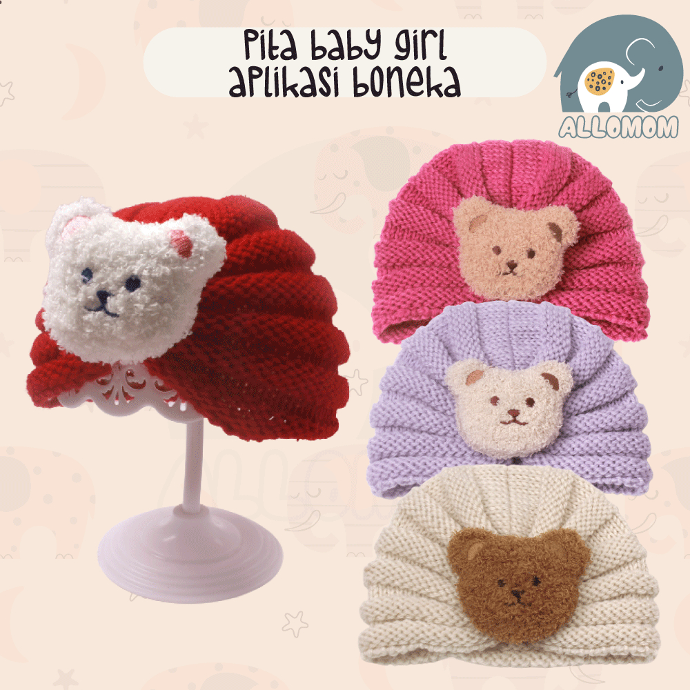 Topi Bayi Cewek / Turban Headband Bandana Baby Girl / Pita Anak Aplikasi Boneka