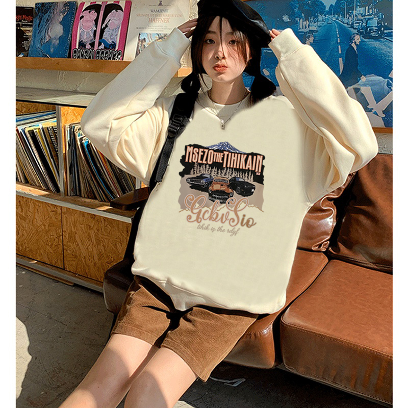 Kaos Stasan Wanita Oversize Couple Sweater American Vintage Car Cartoon Graphic Priting Top Kekinian Casual Sweater