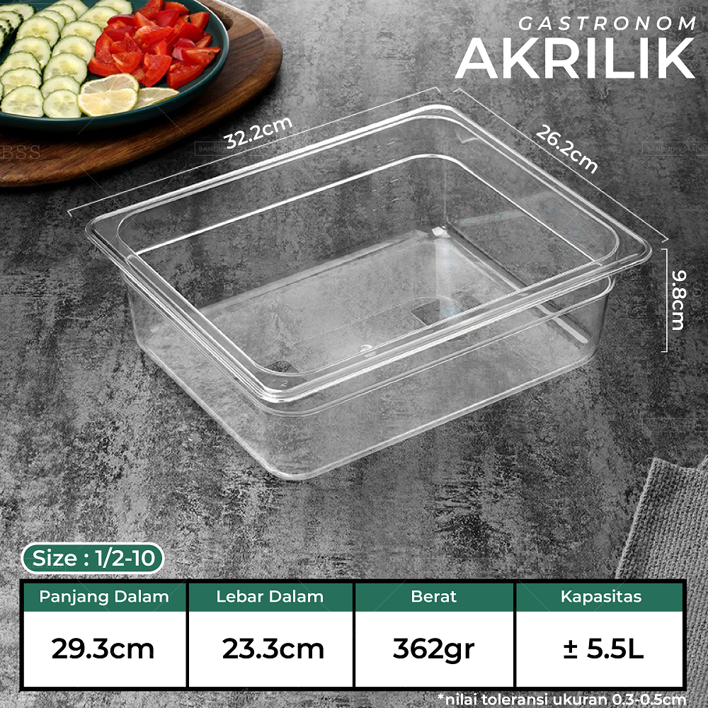 Gastronom Akrilik Food Pan 1/2/10 Kedalaman 10cm Wadah Penyimpanan Sayur Buah Daging Makanan Tempat Saji Prasmanan Multifungsi