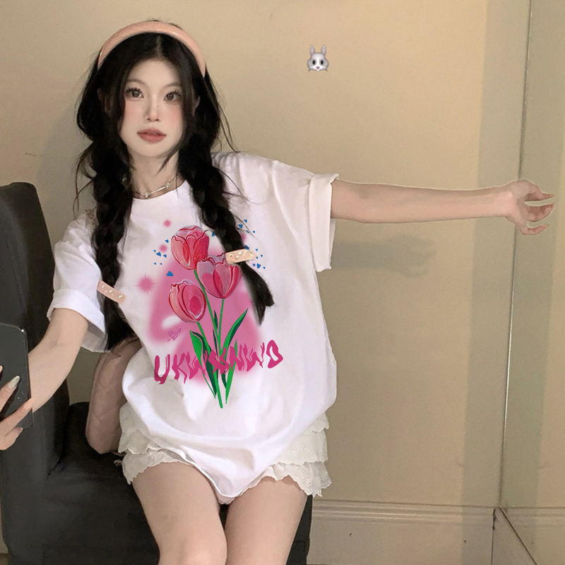 Print T-shirt Kaos Lengan Pendek Cartoon Pink Flowers Baju Wanita Oversize Korean Style