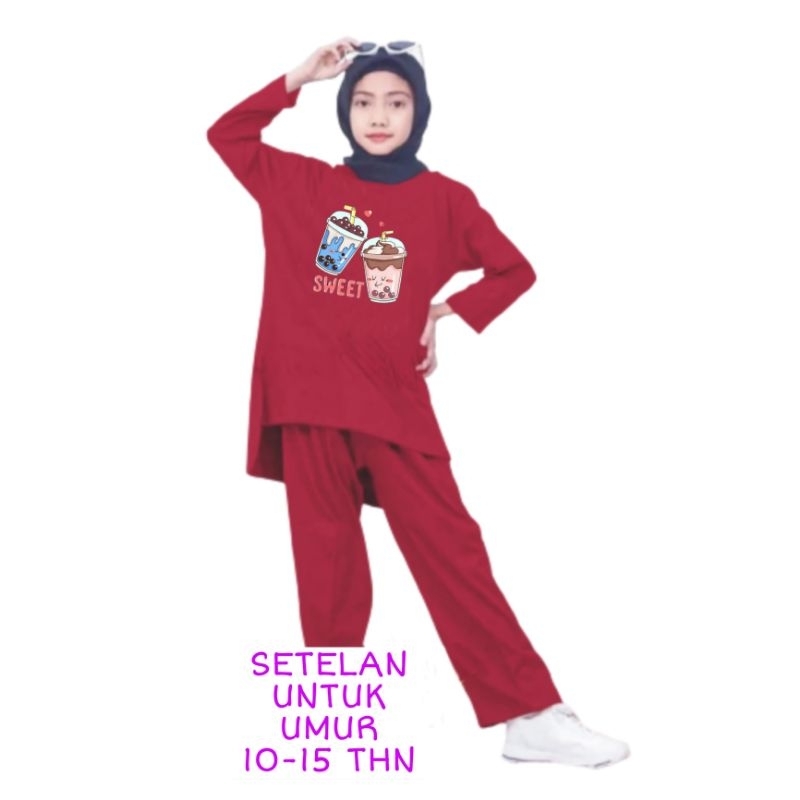 Setelan Anak Perempuan Remaja Terbaru 2023 Bahan Babyterry Stelan One Set Anak Cewek Kekinian Viral Boba Sweat