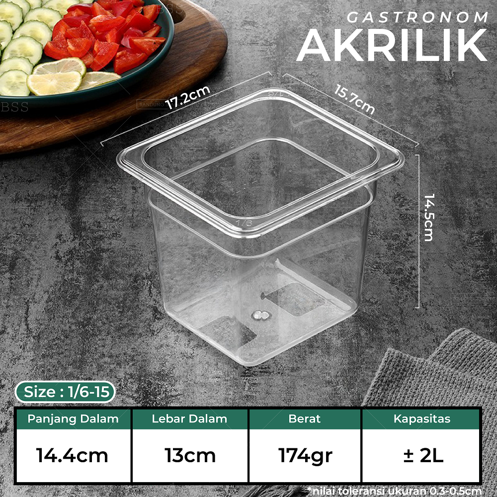 Gastronom Akrilik Food Pan 1/6/15 Kedalaman 15cm Wadah Penyimpanan Sayur Buah Daging Makanan Tempat Saji Prasmanan Multifungsi