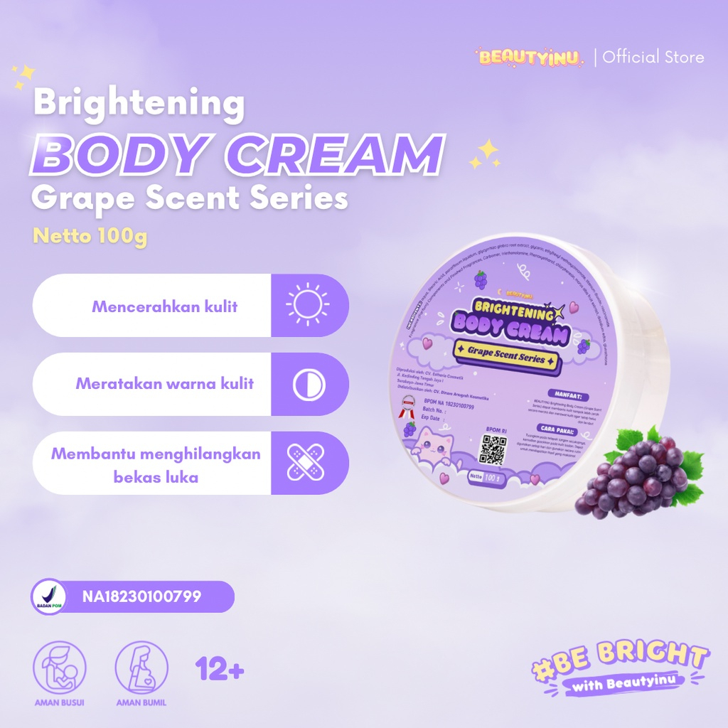 Beautyinu Brightening Body Cream Grape Scent Bleaching Badan Pemutih Badan BPOM Body Bleaching Whitening Body Cream