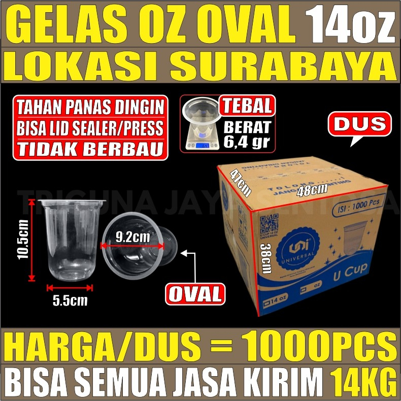 Gelas oz Oval 14oz Bening Cup Plastik Bulat Round Dus Semua Jasa Kirim SBY