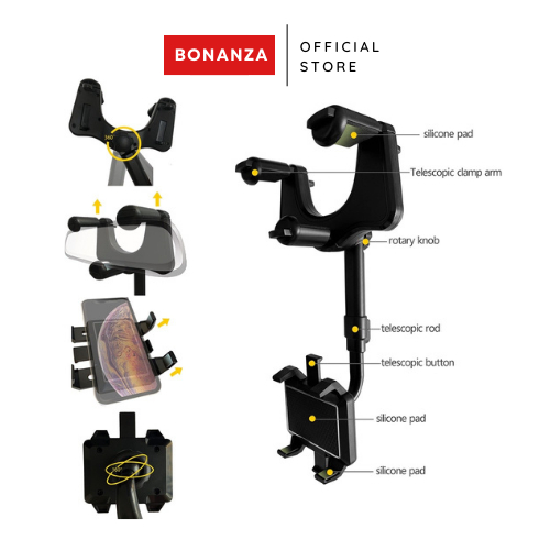 Car Phone Holder HP Mobil Putar 360 Derajat HD59 Flexible Multifungsi Jepit Spion Tengah Rearview Stand HP