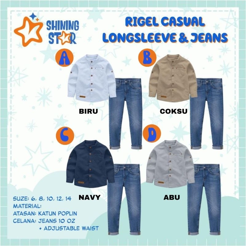 Ready ‼️ Set Kemeja Anak Cowok Premium Rigel Casual Longsleeve &amp; Jeans