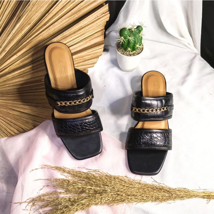 Alona - Heels Strap Kulit Croco - Sandal Wanita (Ukuran Kaki Jumbo Besar Big Size Up Size Oversize) Hitam