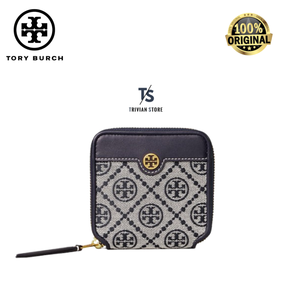 FREE ONGKIR Tory Burch T Monogram Jacquard Bifold Wallet Navy ORIGINAL